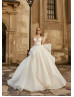 Beaded Straps Ivory Satin Organza Ruffled Modern Wedding Dress